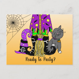 Inbjudan till Witch, Cat och Spindelnät Cute Hallo