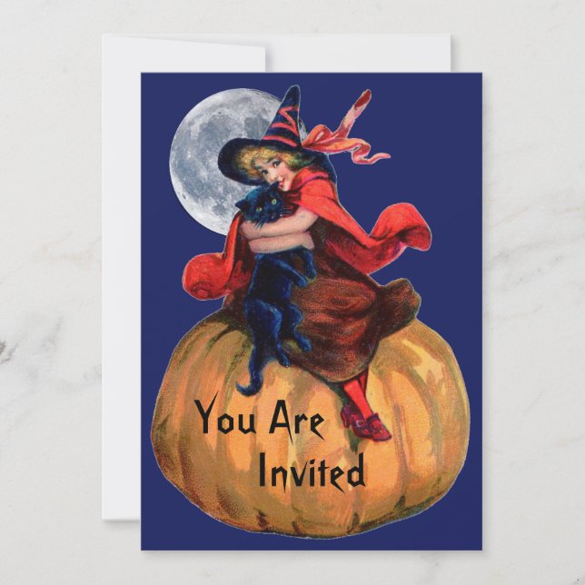 Inbjudan till Witch Girl och Cat Halloween (Framsida)