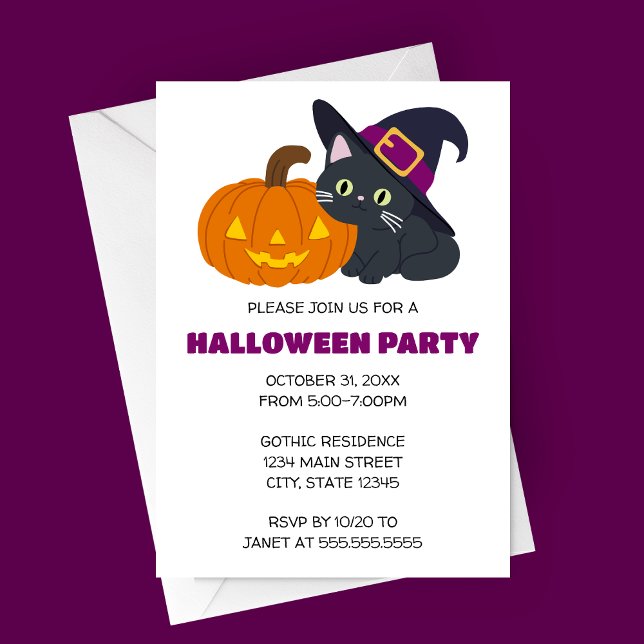 Inbjudan till Witchy Cat Halloween fest (Cute Cartoon Cat in Witch's Hat and Jack-o-lantern Halloween Party Invitation)