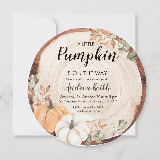 Inbjudan till Wood Rustic Pumpkin Baby Shower (Framsida)