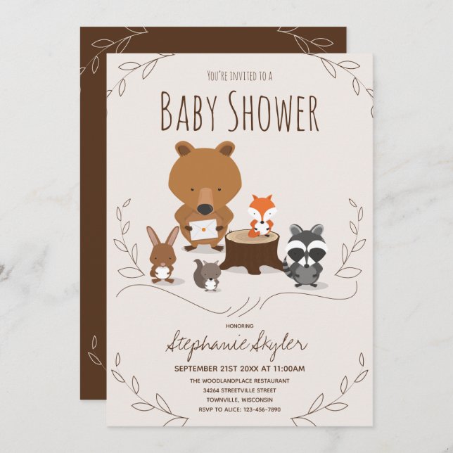 Inbjudan till Woodland Animal Baby Shower (Fram/baksida)