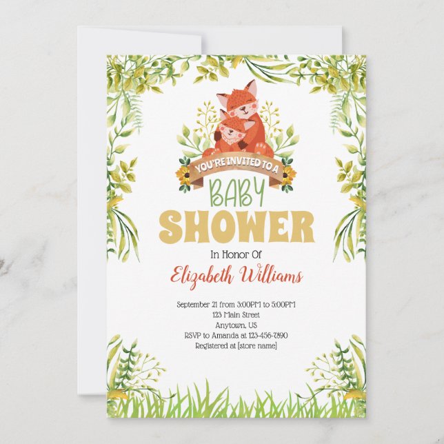 Inbjudan till Woodland Fox Baby Shower (Framsida)