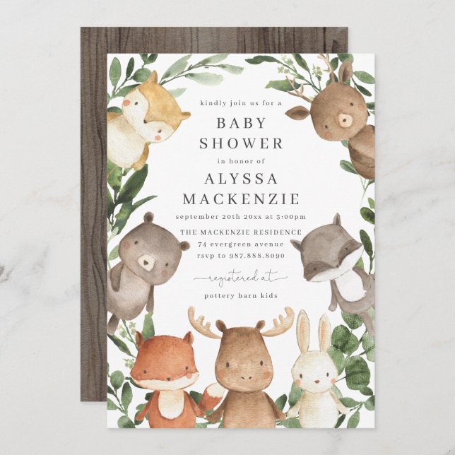 Inbjudan till Woodland Friends Baby Shower (Fram/baksida)
