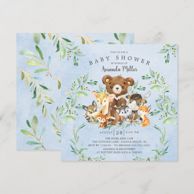 Inbjudan till Woodland Friends Boys Baby Shower (Fram/baksida)