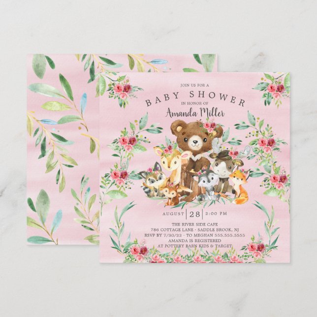 Inbjudan till Woodland Friends Girls Baby Shower (Fram/baksida)