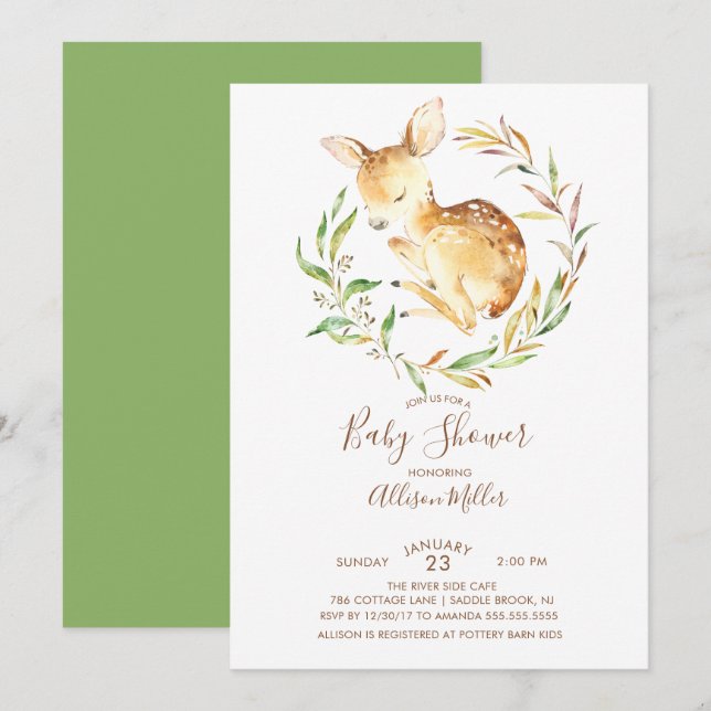 Inbjudan till Woodland Little Hjort Baby Shower (Fram/baksida)
