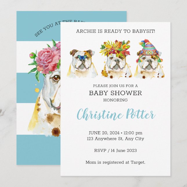 Inbjudan till World Bulldog Watercolor Baby Shower (Fram/baksida)