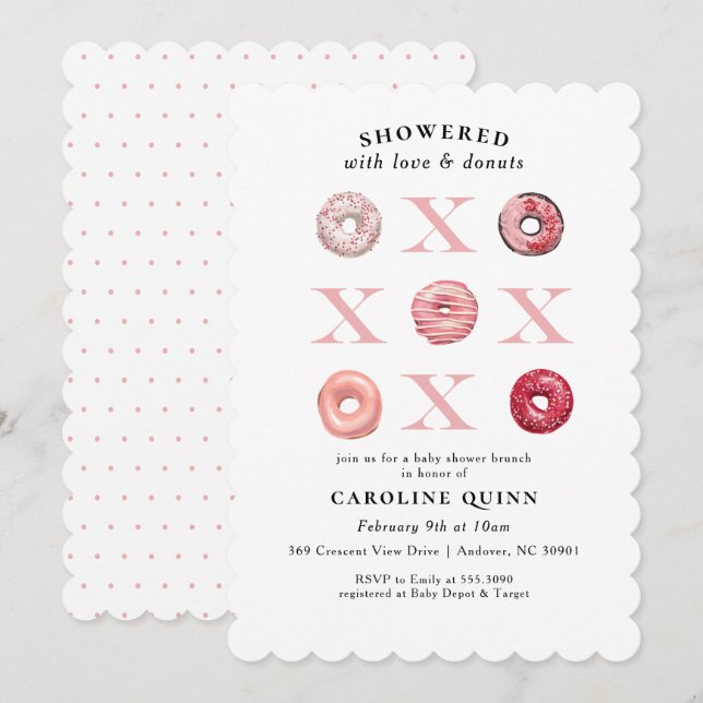 Inbjudan till XOXO Donut Baby Shower (Fram/baksida)
