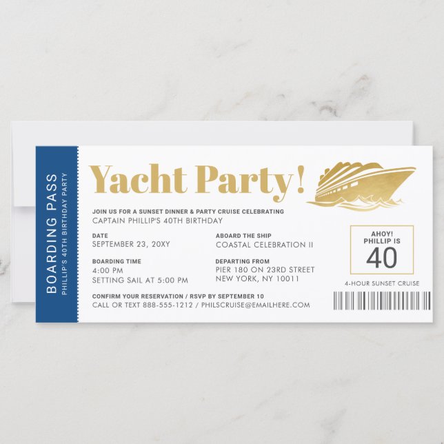 Inbjudan till Yacht Boat Cruise Birthday Biljett (Framsida)