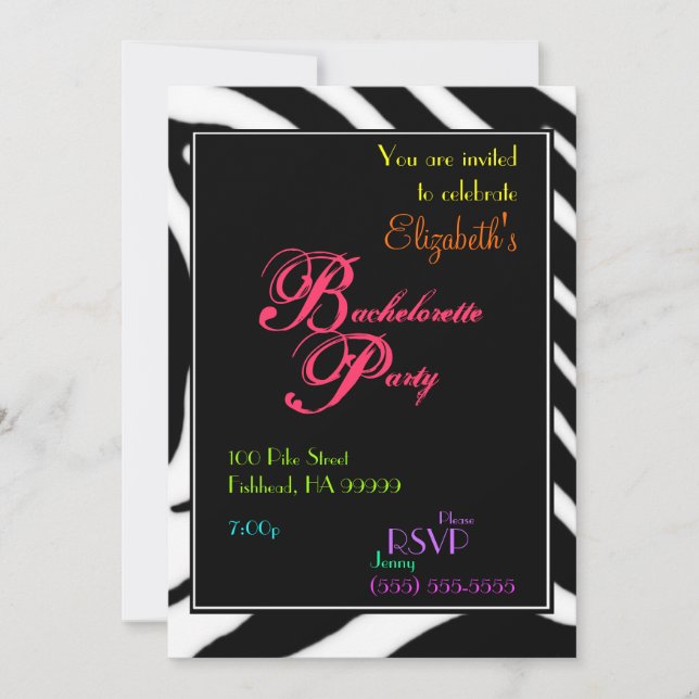 Inbjudan till Zebra Bachelorette Party Färger (Framsida)
