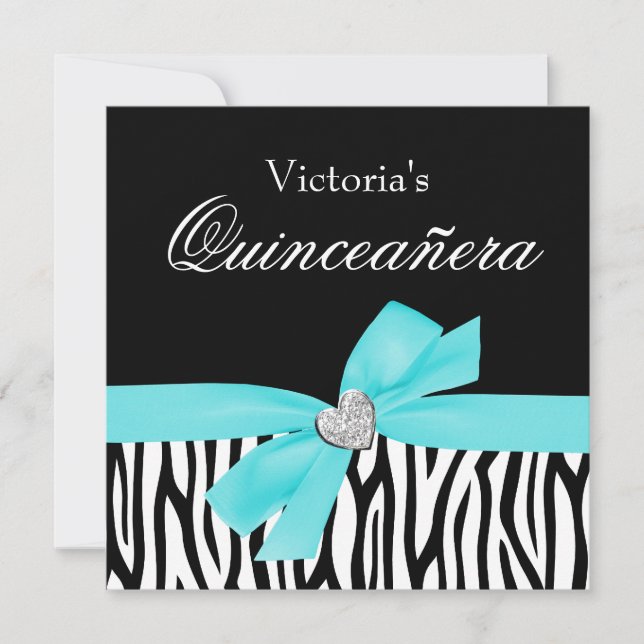 Inbjudan till Zebra Teal Bow Diamond Quinceanera (Framsida)