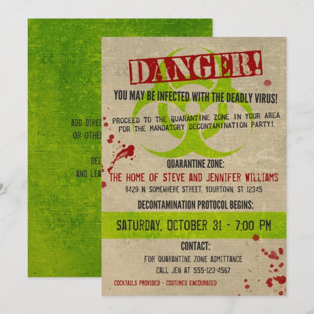 Inbjudan till Zombie Biohazard Grunge Halloween fe (Fram/baksida)