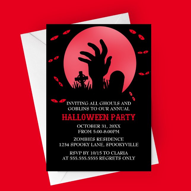 Inbjudan till Zombie Halloween fest (Red Zombie Spooky Halloween Party Invitation | Graveyard with Haunted Eyes and Full Moon)
