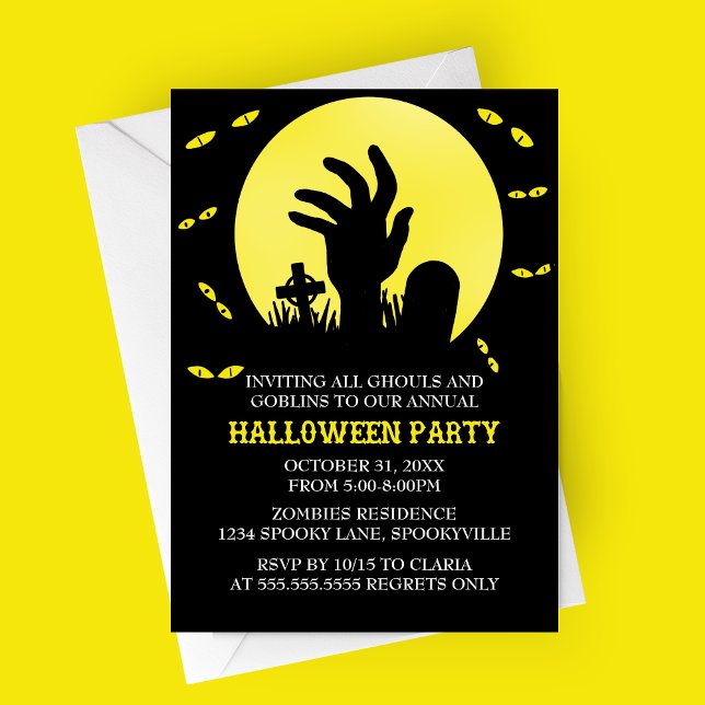 Inbjudan till Zombie Halloween fest (Yellow Zombie Spooky Halloween Party Invitation | Graveyard with Haunted Eyes and Full Moon)