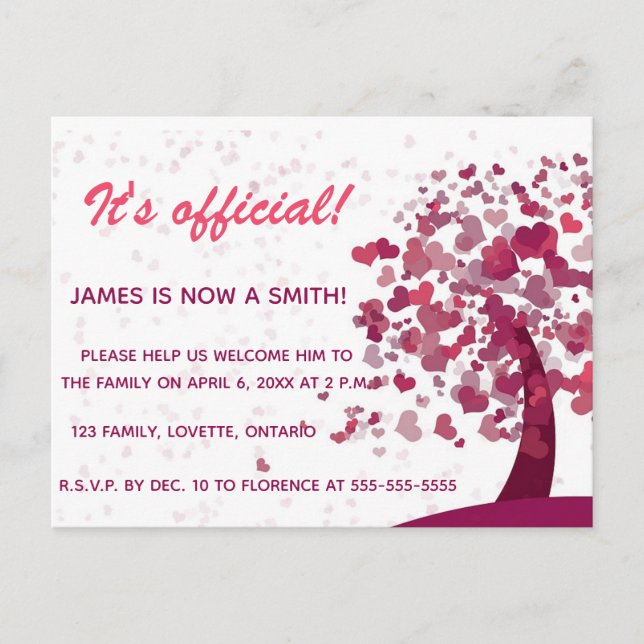 Inbjudan träd till Kärlek Adoption Firande Vykort (Framsida)