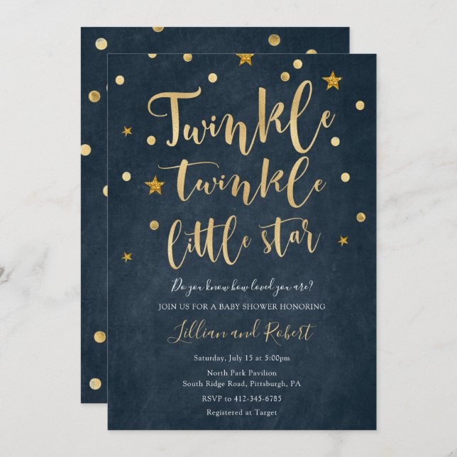 Inbjudan Twinkle Little Star Baby Shower (Fram/baksida)