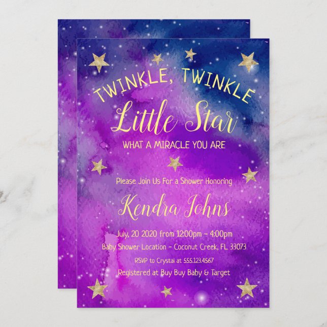 Inbjudan Twinkle Little Star Baby Shower (Fram/baksida)