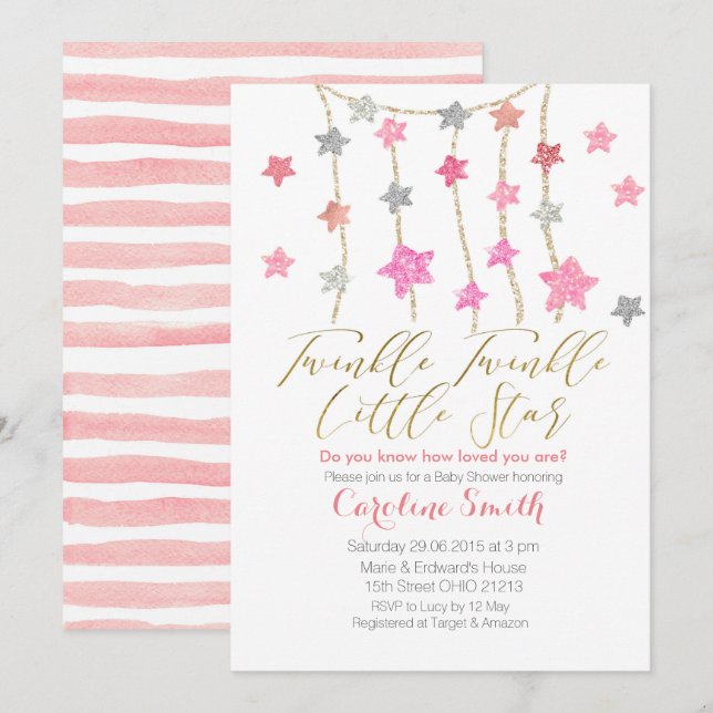 Inbjudan Twinkle Stars Girl Baby Shower (Fram/baksida)