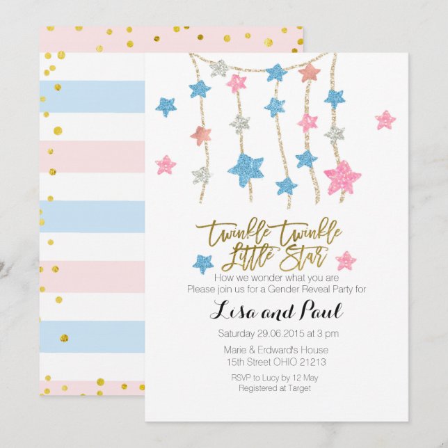 Inbjudan Twinkle Stars Girl eller Boy Gender Revea (Fram/baksida)