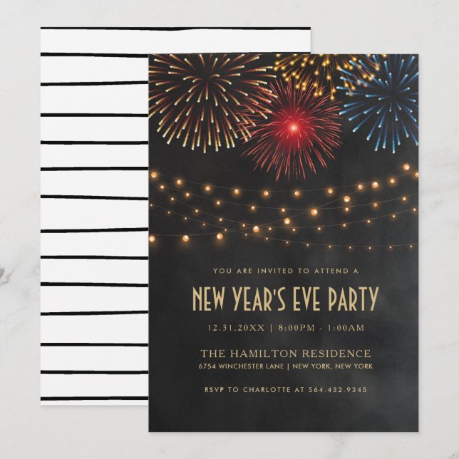 INBJUDANDE FRÅN NYÅRSAFTON PART| Sträng-Ljus Inbjudningar (Fram/baksida)