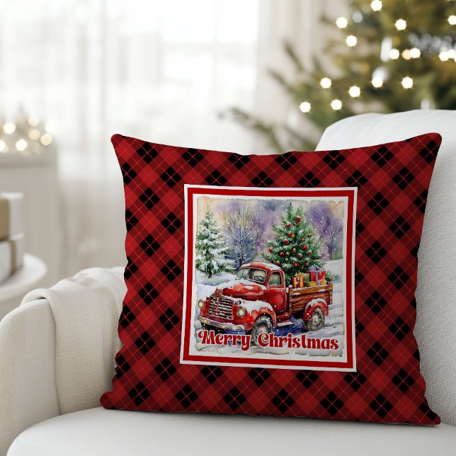 Inbjudande röd lastbil vinter scen rustik semester kudde (Inviting red truck winter scene rustic holiday Throw Pillow)