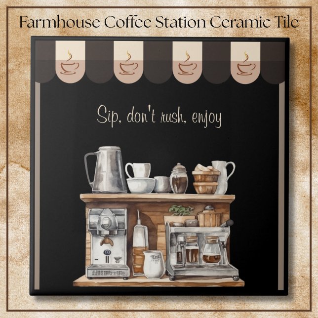 Inbjudande svart bondgård kaffestation dekorativ kakelplatta (Inviting Black Farmhouse Coffee Station Decorative Tile)