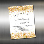 Inbjudandemagnet för födelsedagsvita guld glitter<br><div class="desc">För elegant 21:a födelsedag (eller någon annan ålder). En vit snyggt bakgrund. Dekorerad med faux guld glitter-gnistor. Anpassa och lägg till information om namn,  ålder och party. Namn är skrivet med ett handskript i stil</div>