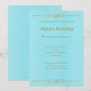 INBJUDANDET elegant AQUA BLUE GULD GRÄNS Inbjudningar