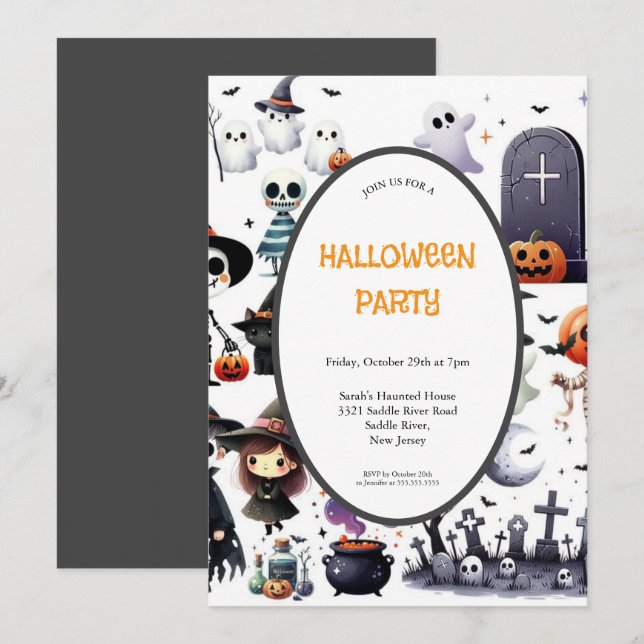 INBJUDANDET GRÅTT OCH ORANGE HALLOWEEN FEST INBJUDNINGAR (Fram/baksida)