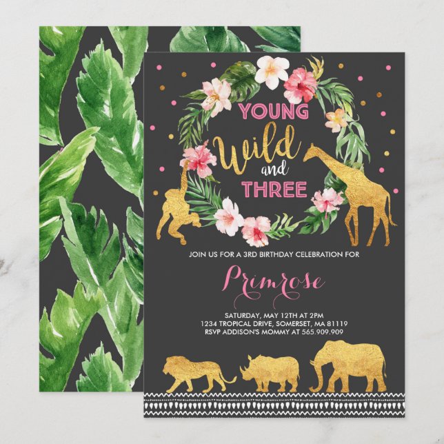 Inbjudandjungel för ung vild och tre födelsedag inbjudningar (Fram/baksida)