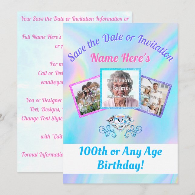 Inbjudningar eller 100 SAVE the DATE med 1 - 3 fot (Fram/baksida)