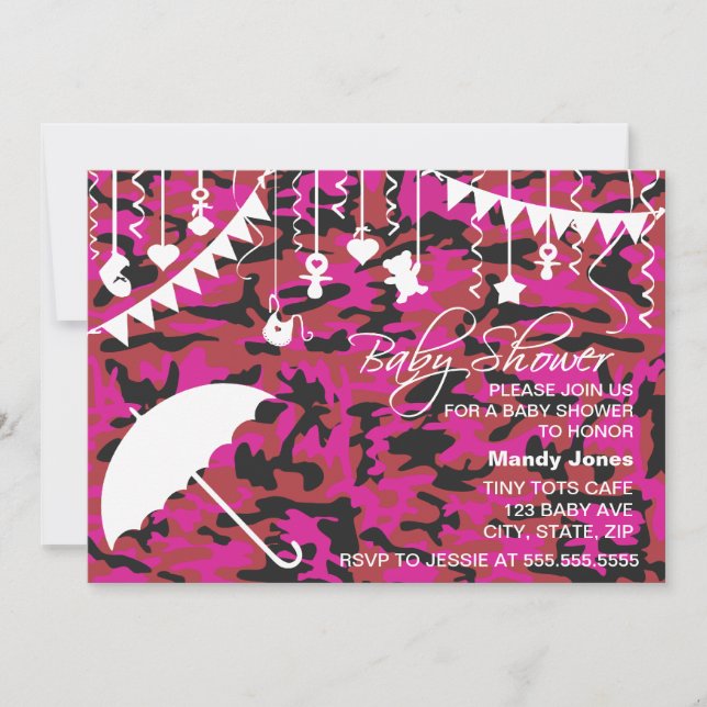 Inbjudningar för baby shower för rosa Camo paraply (Framsida)