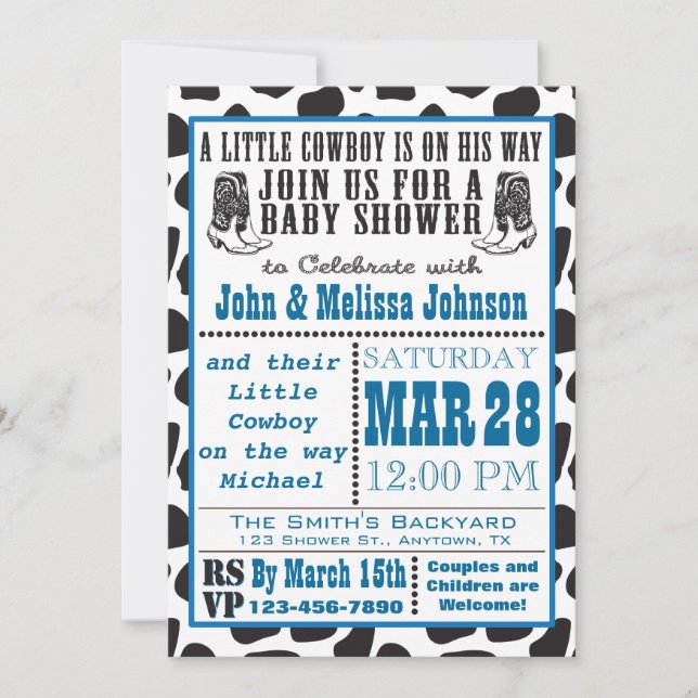 Inbjudningar för blåttCowboyCowprint baby shower (Framsida)