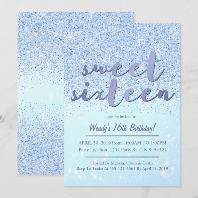Inbjudningar för födelsedag för blåttglitter söta (Fram/baksida)