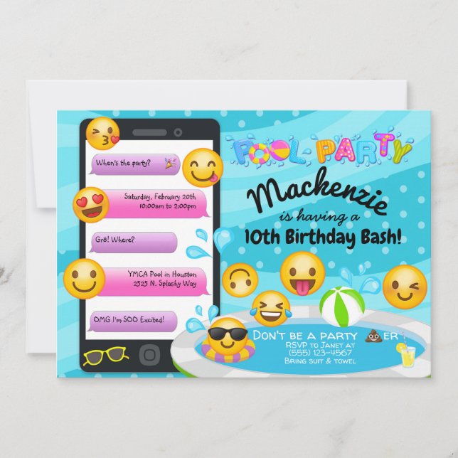 Inbjudningar för födelsedag för Emoji bassängparty (Framsida)