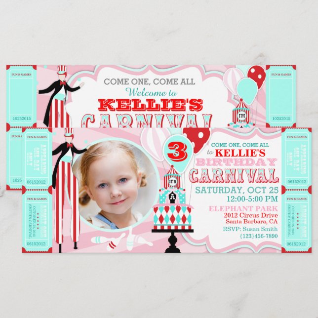 Inbjudningar för födelsedag för karnevaltälttårta (Fram/baksida)