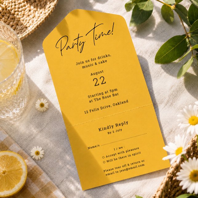 Inbjudningar | Gul festtid avrivbar RSVP-kort (Yellow party invitation with tear off RSVP card for birthdays, drinks, music, and cake.)