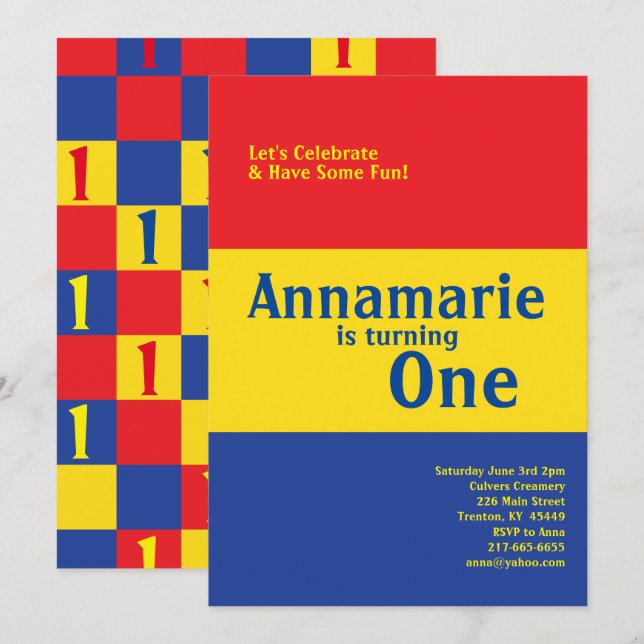 Inbjudningar om färgade primära 1:a födelsedagscut (Fram/baksida)