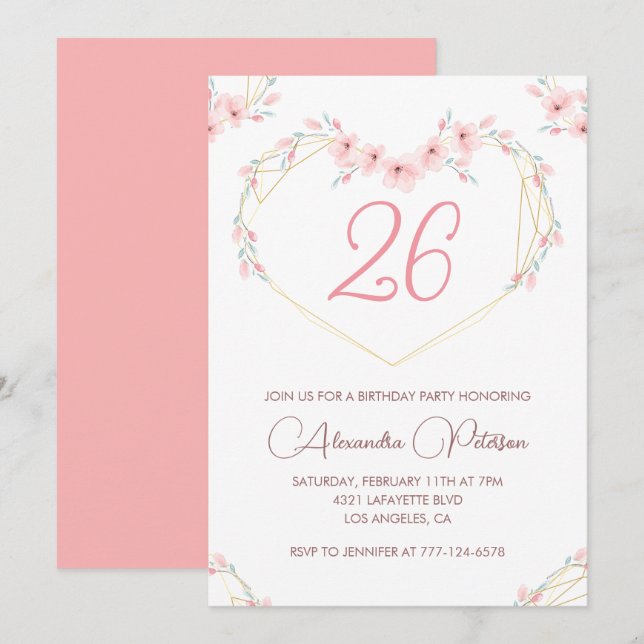 Inbjudningar till 26-årsfirande Boho Floral Rosa (Fram/baksida)
