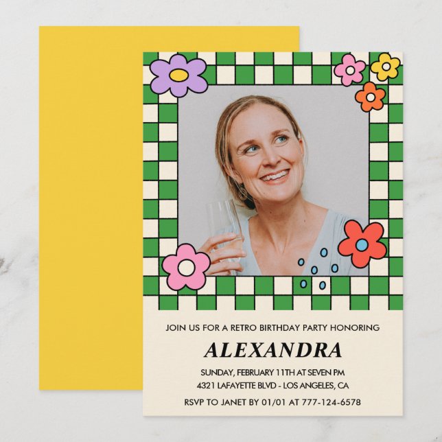 Inbjudningar till 45-årsfirande Retro Groovy Blomm (Fram/baksida)