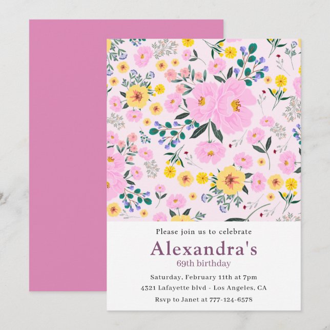 Inbjudningar till 69-årsfirande Boho Floral Rosa (Fram/baksida)