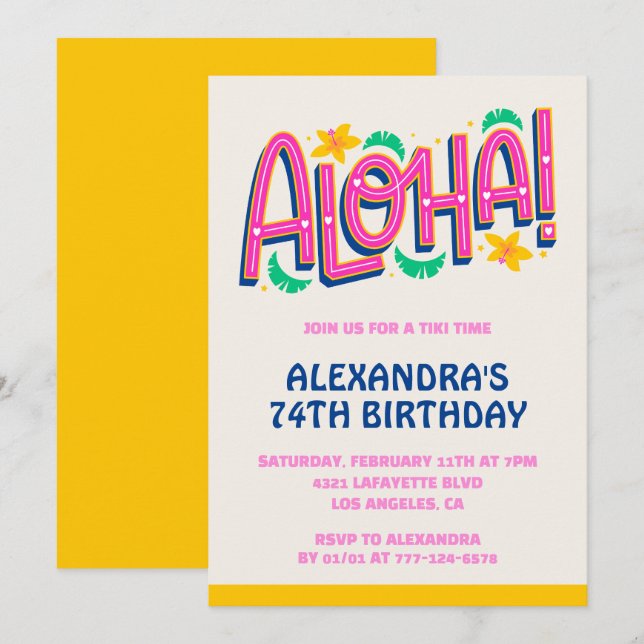 Inbjudningar till 74-årsfirande Tropical Aloha Haw (Fram/baksida)