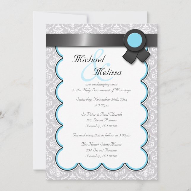 Inbjudningar till Aqua Blue & Grått Damask Wedding (Framsida)