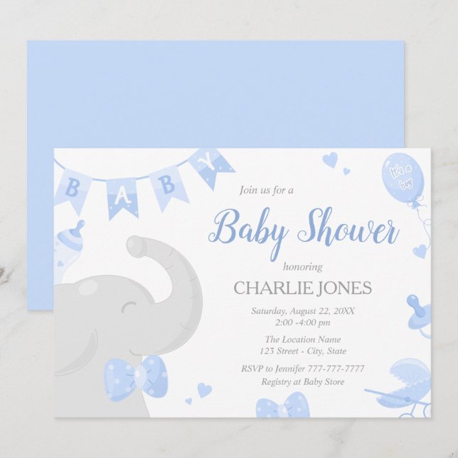 Inbjudningar till baby Elephant Baby Shower Boy (Fram/baksida)