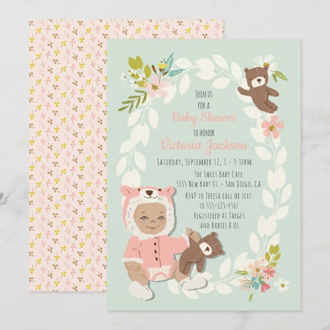 Inbjudningar till babydusch i Woodland Bear (Fram/baksida)