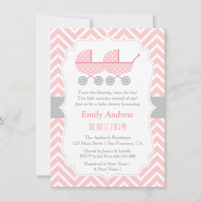 Inbjudningar till Barnvagn Twin Girl Baby Shower (Framsida)