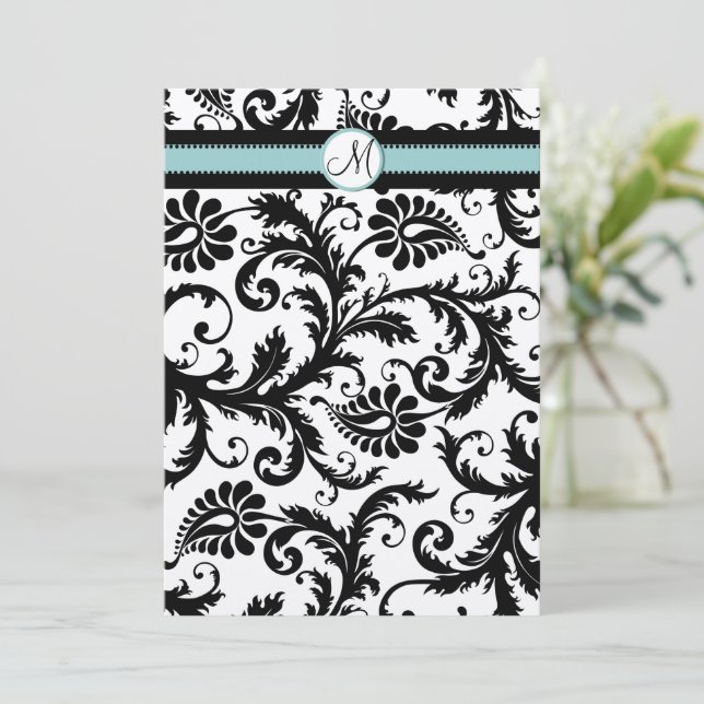 Inbjudningar till Black Damask Aqua Blue Teal Wedd (Stående Fram)