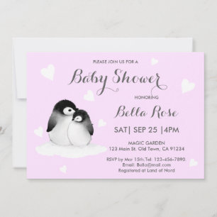 Inbjudningar till blek Lila Heart Penguin Baby Sho