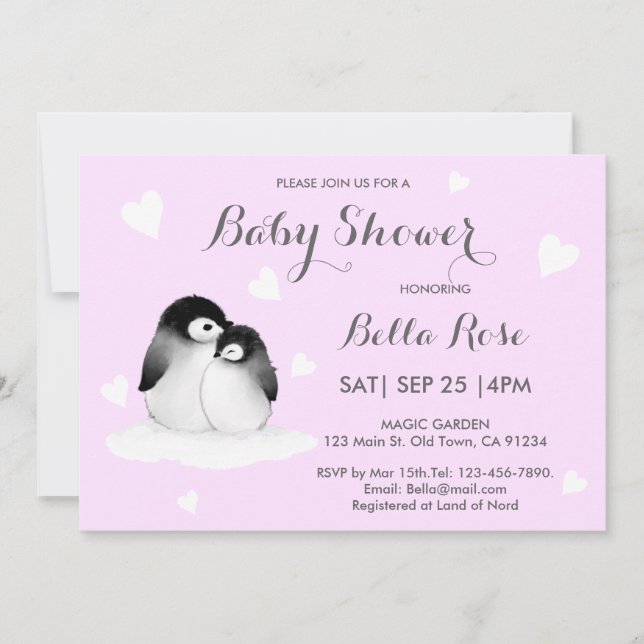 Inbjudningar till blek Lila Heart Penguin Baby Sho (Framsida)