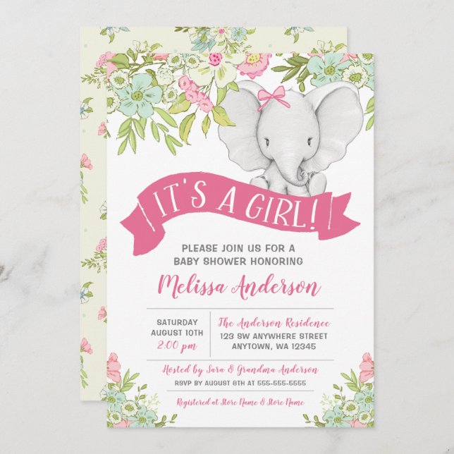 Inbjudningar till blommigt Girl Elephant Baby Show (Fram/baksida)